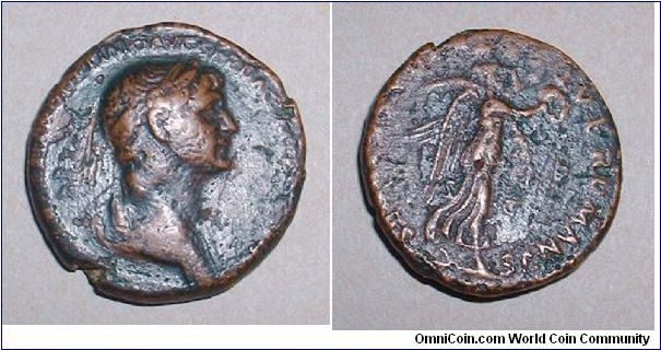 TRAJAN - As - IMP CAES NER TRAIANO OPTIMO AVG GER DAC P M TR P COS VI P P, laureate draped bust right / SENATVS POPVLVSQVE ROMANVS S-C, Victory advancing right, wreath in extended right hand & palm over left shoulder. Mm. 25.5 grs. 10,6