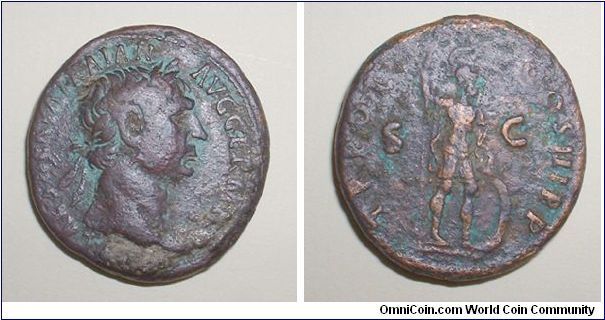 TRAJAN - As - 98/99 AD - IMP CAES NERVA TRAIAN AVG GERM P M,  laureate head right / TR POT COS III P P S C, Mars standing right with spear and shield. Mm 28,3 grs 12