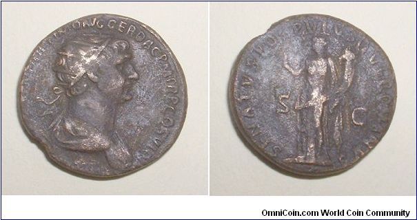 TRAJAN - Dupondius - IMP CAES NER TRAIANO OPTIMO AVG GER DAC P M TR P COS VI P P, radiate, draped bust right / SENATVS POPVLVSQVE ROMANVS S C, Felicitas standing left, holding caduceus & cornucopiae. Mm. 26,1 grs. 11,6