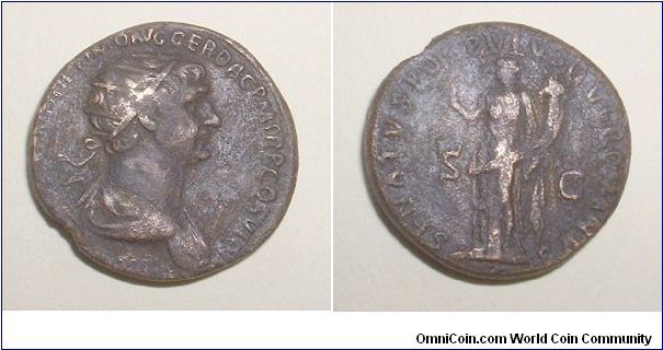 TRAJAN - Dupondius - IMP CAES NER TRAIANO OPTIMO AVG GER DAC P M TR P COS VI P P, radiate, draped bust right / SENATVS POPVLVSQVE ROMANVS S C, Felicitas standing left, holding caduceus & cornucopiae. Mm. 26,1 grs. 11,6