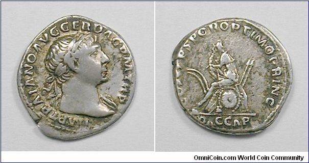 TRAJAN - Denarius - 103/112 AD - IMP TRAIANO AVG GER DAC P M TR P, laureate head right, drapery on far shoulder / COS V P P S P Q R OPTIMO PRINC, Dacia mourning, seated on pile of captured arms, DAC CAP in ex. Mm. 18,4 grs. 3,3