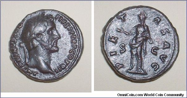 ANTONINUS PIUS - As - 145/161 AD -ANTONINVS AVG PIVS P P TR P COS IIII, laureate head right / PIETAS AVG S-C, Pietas standing left holding patera in r. hand, 1. arm in fold of dress. Mm. 26,5 grs 12,7