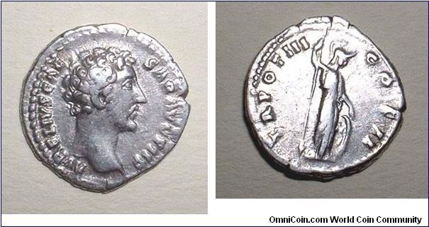 MARCUS AURELIUS (A. Pius) - Denarius - AVRELIVS CAESAR AVG PII F, bare head right / TR POT III COS II, Minerva standing right, holding spear & hand resting upon shield. Mm 18,5 grs 3