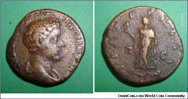 COMMODUS (as Caesar) As - COMMODO CAES AVG FIL GERM SARM, draped bust right / SPES PVBLICA S-C, Spes walking left holding flower and raising hem of skirt. Mm 25 grs 10,9