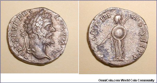 SEPTIMIUS SEVERUS - Denarius - L SEPT SEV PART AVG IMP V, laureate head right / P M TRP III COS II P P, Minerva standing left with spear and round sheild. Mm 18 grs 3,1