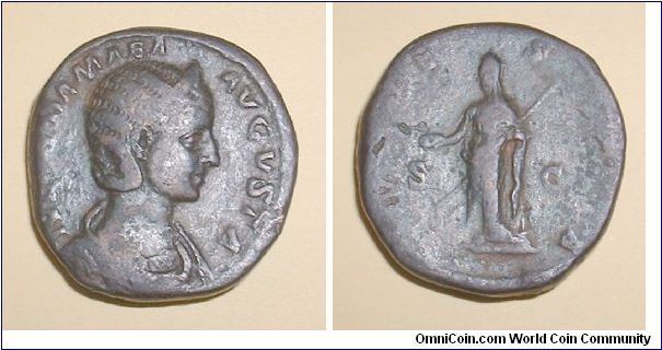 JULIA MAMAEA - Sestertius - 226/228 - IVLIA MAMAEA AVGVSTA, diademed draped bust right. / VESTA S C, Vesta standing left, holding patera and transverse sceptre.
