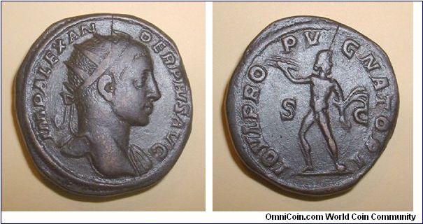 SEVERUS ALEXANDER - Dupondius - 231/232 - IMP ALEXANDER PIVS AVG, radiate and draped bust right / IOVI PROPVGNATORI S-C, Jupiter standing right, nude except for cape flowing to right, brandishing thunderbolt. Mm 26,3 grs 11,6