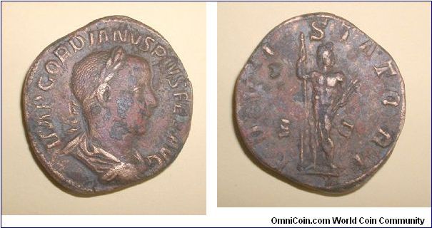 GORDIAN III - Sestertius - 240/244 - IMP GORDIANVS PIVS FEL AVG, laureate, draped & cuirassed bust right / IOVI STATORI S-C, Jupiter standing, head right, holding spear & thunderbolt. Mm 31,7 grs 16,1