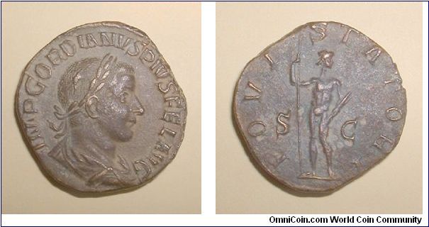 GORDIAN III - Sestertius - 240/244 - IMP GORDIANVS PIVS FEL AVG, laureate, draped & cuirassed bust right / IOVI STATORI S-C, Jupiter standing, head right, holding spear & thunderbolt. Mm 28,5 grs 16,2