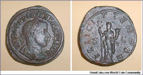 GORDIAN III - Sestertius - 243/244 - IMP GORDIANVS PIVS FEL AVG, laureate and draped  bust right / FELICIT TEMPOR S C, Felicitas standing with caduceus & cornucopiae. Mm 32,8 grs 20,9