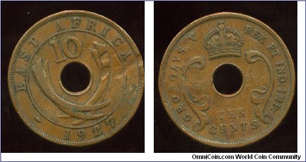 British East Africa
1922
10 cents
Value above crossed elephant tusks & date
Crown above value