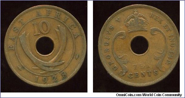 British East Africa
1928
10 cents
Value above crossed elephant tusks & date
Crown above value