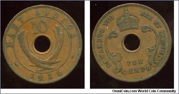 British East Africa
1936
10 cents
Value above crossed elephant tusks & date
Crown above value