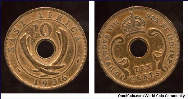 British East Africa
1936
10 cents
Value above crossed elephant tusks & date
Crown above value 
Mint mark KN = Kings Norton Birmingham