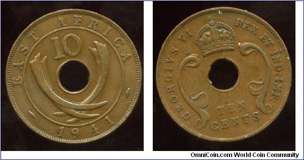 British East Africa
1941
10 cents
Value above crossed elephant tusks & date
Crown above value