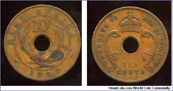 British East Africa
1942
10 cents
Value above crossed elephant tusks & date
Crown above value