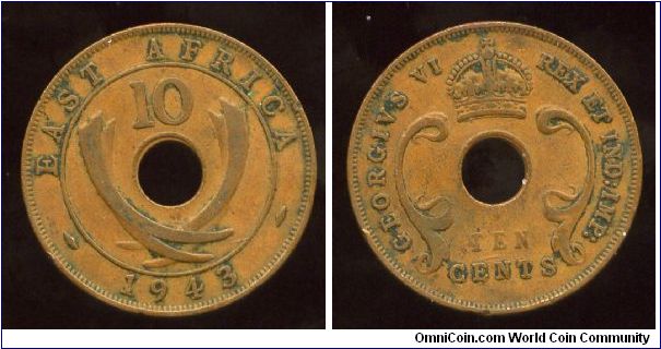 British East Africa
1943
10 cents
Value above crossed elephant tusks & date
Crown above value