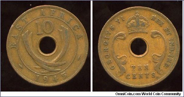 British East Africa
1945
10 cents
Value above crossed elephant tusks & date
Crown above value