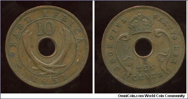 British East Africa
1951
10 cents
Value above crossed elephant tusks & date
Crown above value