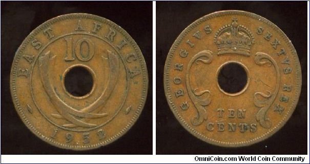 British East Africa
1952
10 cents
Value above crossed elephant tusks & date
Crown above value