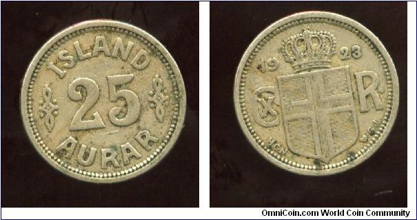 Iceland Kingdom
1923
25 Aurar
Value
Crown above coat of arms
HCN = Mint master Hans Christian Nielsen 1916-1927
Mint mark heart = Copenhagen