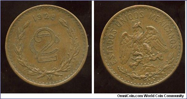 Mexico
1928
2 cenavos
Date above value in wreath
Eagle & snake
Mint mark oM = Mexico city