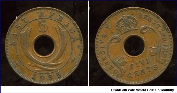 British East Africa
1935
5 cents
Value above crossed elephant tusks & date
Crown above value