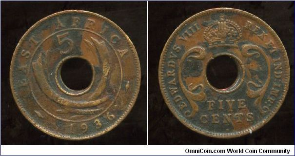British East Africa
193
5 cents
Value above crossed elephant tusks & date
Crown above value
Mint mark KN = Kings Norton Birmingham