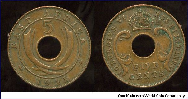 British East Africa
1941
5 cents
Value above crossed elephant tusks & date
Crown above value