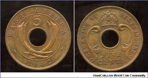 British East Africa
1942
5 cents
Value above crossed elephant tusks & date
Crown above value