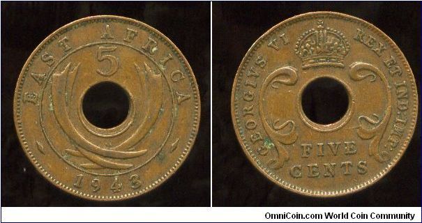British East Africa
1943
5 cents
Value above crossed elephant tusks & date
Crown above value