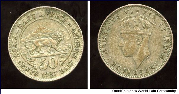 British East Africa
50 cents - 1/2 Shilling
1937
Mount Kilimanjaro & prowling lion
King George VI