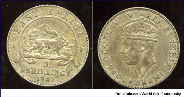 British East Africa
1/- Shilling
1941
Mount Kilimanjaro & prowling lion
King George VI