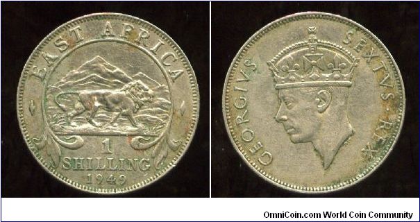 British East Africa
1/- Shilling
1949
Mount Kilimanjaro & prowling lion
King George VI