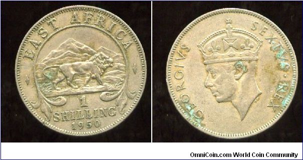 British East Africa
1/- Shilling
1950
Mount Kilimanjaro & prowling lion
King George VI