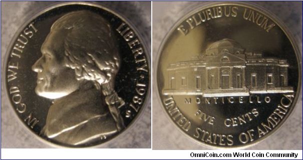 1987S Proof Jefferson Nickel PCGS PF69DCAM