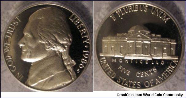1986S Proof Jefferson Nickel PCGS PF69DCAM