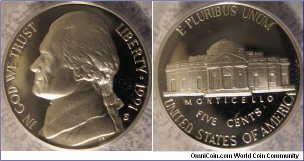 1991S Proof Jefferson Nickel PCGS PF69DCAM