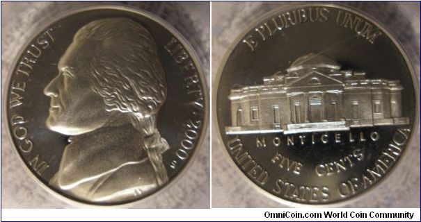 2000S Proof Jefferson Nickel PCGS PF69DCAM