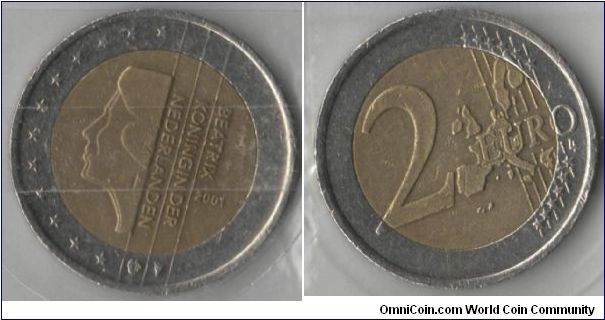 2 Euro. Netherlands
Queen Beatrix is shown in profile and the words Beatrix Queen of The Netherlands are written around the circumference of the coins.