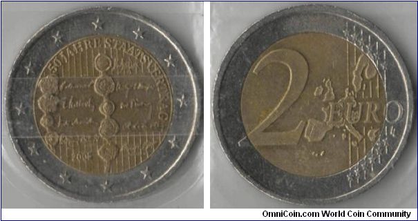 2 Euro. 50th anniversary of the Austrian State Treaty. The centre of the coin shows a reproduction of the signatures and seals in the Austrian State Treaty, which was signed by the foreign ministers and ambassadors of the Soviet Union, the United Kingdom, the United States and France, and by Leopold Figl, Foreign Minister of Austria, in May 1955.