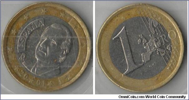 1 Euro
Spain
This shows a portrait of King Juan Carlos 1 de Borbon y Borbon, King of Spain.