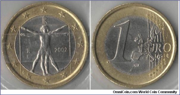 1 Euro. Italy
This coin shows the famous drawing by Leonardo da Vinci, displayed in the gallery of the Academy in Venice, illustrating the ideal proportions of the human body.