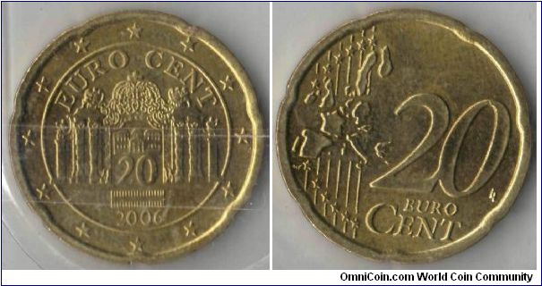 20 Cent. Austria
This coin shows the Belvedere Palace, one of the most beautiful baroque palaces in Austria. This was where the Treaty re-establishing the sovereignty of Austria was signed in 1955, making its name synonymous with freedom.