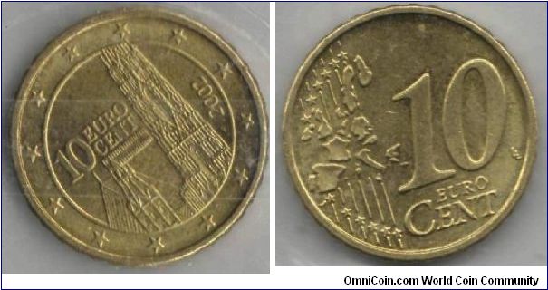 10 Cent. Austria
This depicts St. Stephen's Cathedral, one of the jewels of Viennese Gothic architecture and a popular tourist venue.