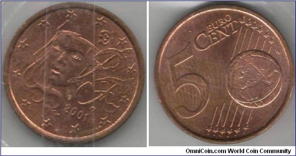 5 Cent. France
This shows a young, feminine Marianne with determined features that embody the desire for a sound and lasting Europe. It was designed by Fabienne Courtiade, an engraver from the Paris Mint.