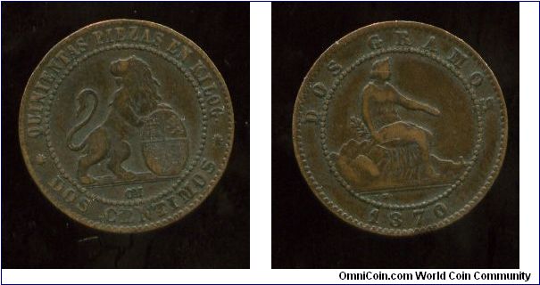 1870
2 Centimos
Lion standing with shield 
Seated Lady
Mint Mrk oM = Oeschger Mesdach & Co
3rd Decimal Coinage
