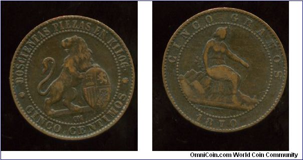 1870
5 Centimos
Lion standing with shield
Seated Lady
Mint Mrk oM = Oeschger Mesdach & Co 
3rd Decimal Coinage