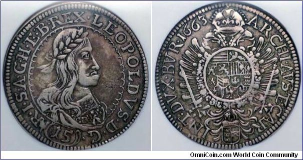 PCI7, Group 2, Drusus, Austria Carynthia. Leopold I (1657-1705). Silver 15 Kreuzer 1663