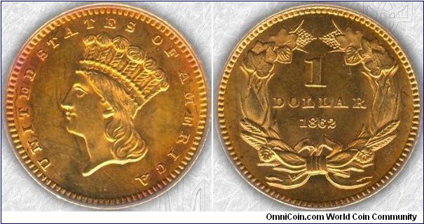 PCI7, Group 3, Type III Gold Dollar, Princess or Indian Style 1862